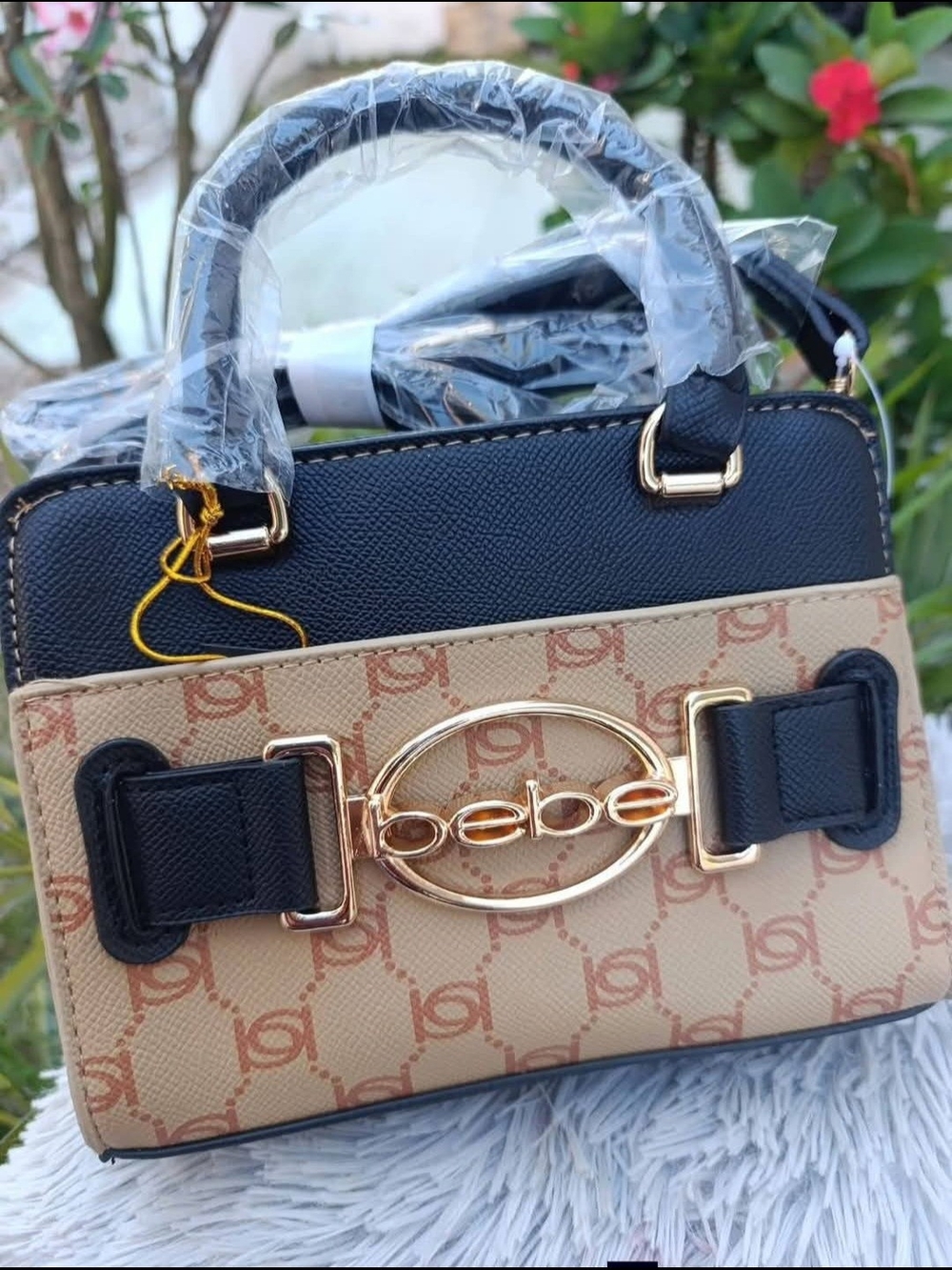 bebe Two-Tone Mini Satchel in Black and Beige Logo Print